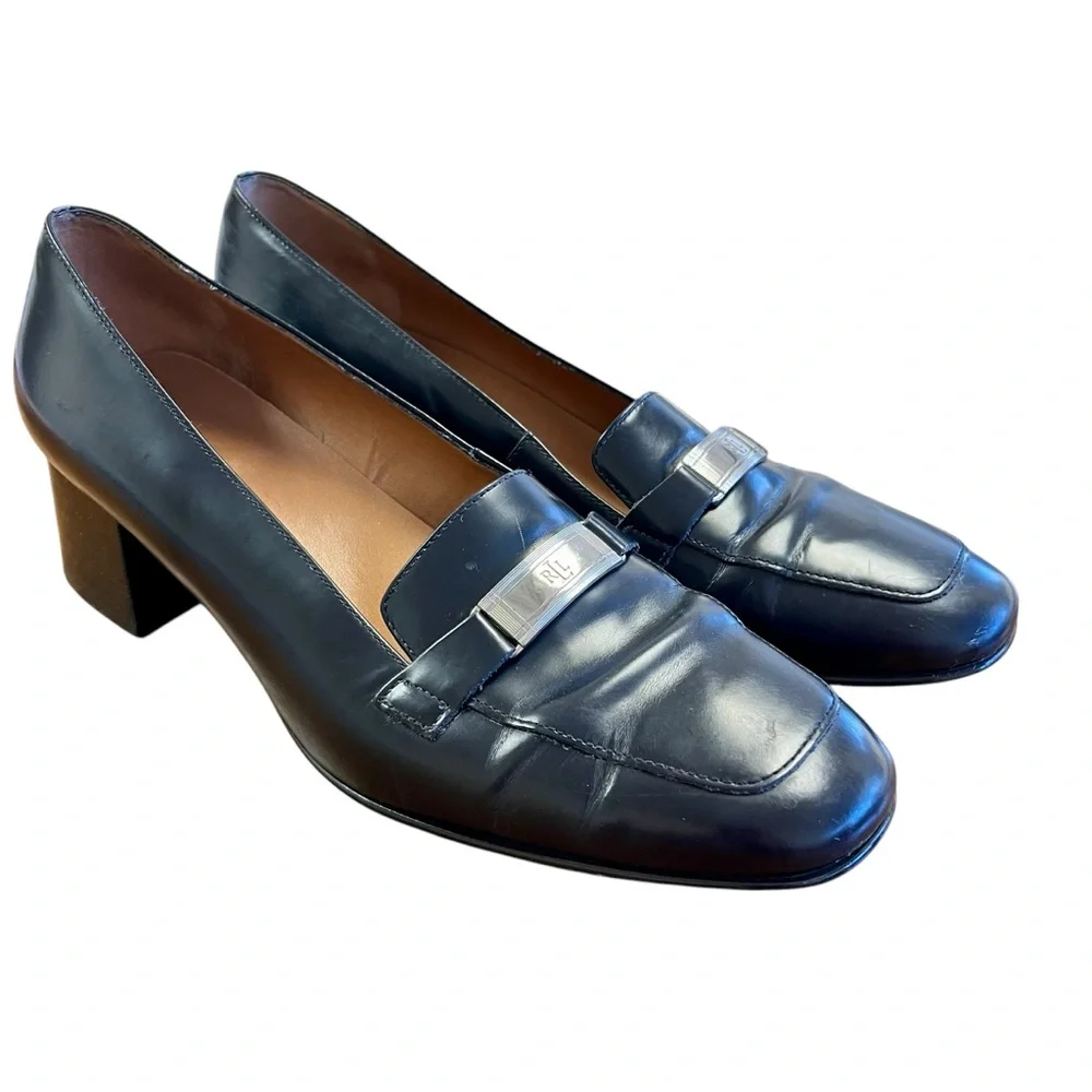 LAUREN Ralph Lauren Black Loafers 9.5 Y2K 90s Block Heel Old Money‎ Preppy Club